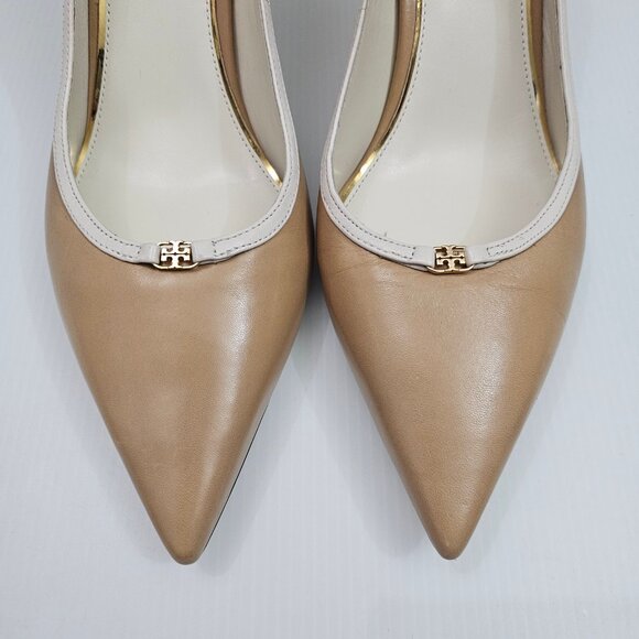 Tory Burch Double T Buckle Pump Womens 10.5 Tan Cream Leather Pointed Toe Heels - Picture 5 of 16